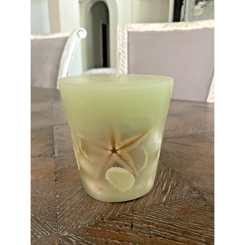 Vtg Zodax Sea Shell Pillar Candle Green Wax with Embedded  Shells & Starfish